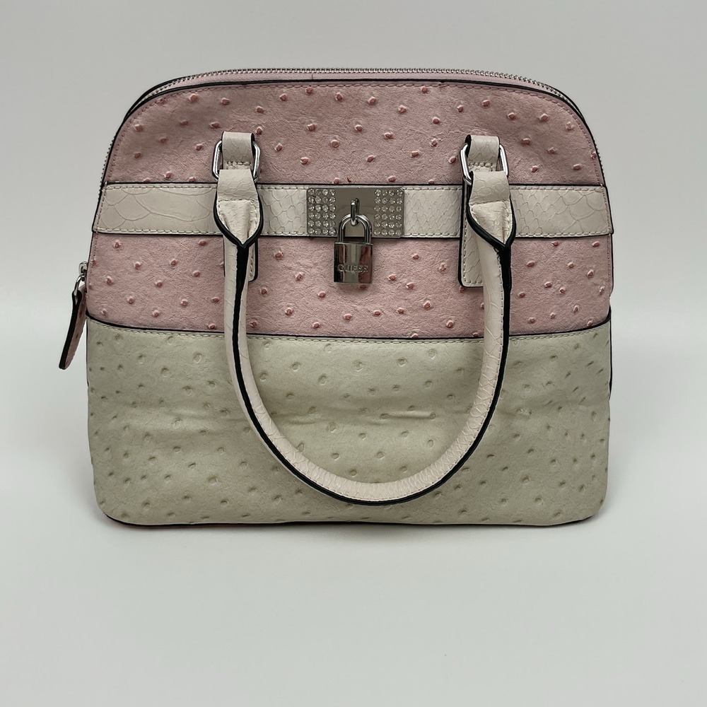 Guess Pink Ivory Satchel Bag Ostrich Embossed Glam Purse‎ Y2K Bling Tote Handbag